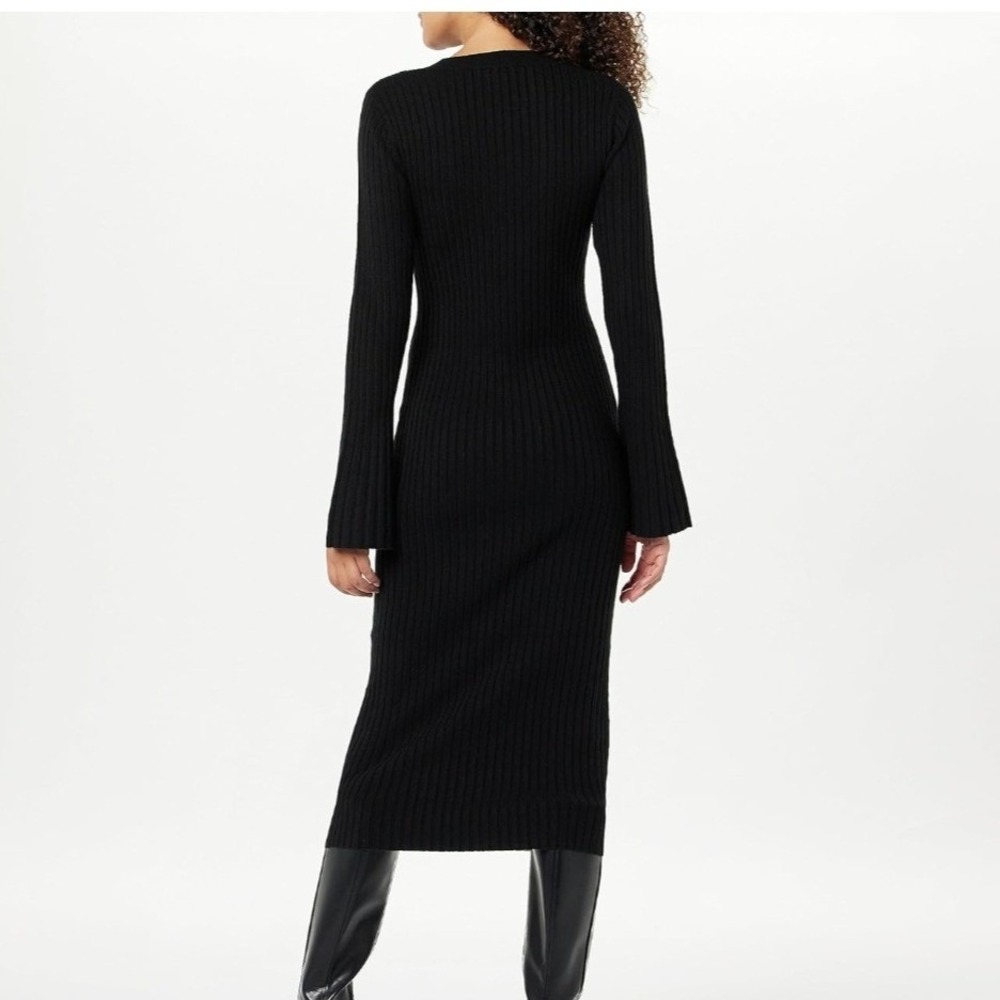 The Drop Fernanda Ribbed Bell-Sleeve Midi‎ Sweater Dress Grey L NEW